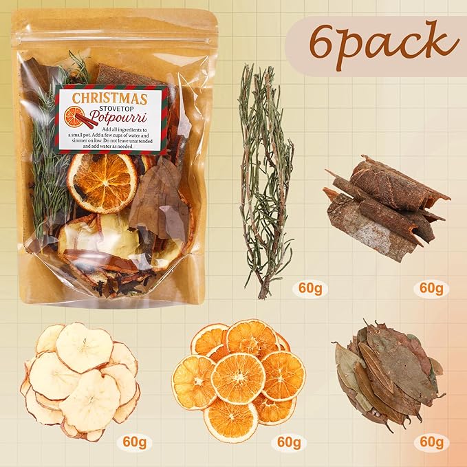 6 Pack Potpourri Simmer Kit 480g Christmas Stovetop Potpourri with Stickers Warm Holiday Scent Winter Natural Non Toxic Home Fragrance for Xmas Scent Stocking Stuffer Gifts