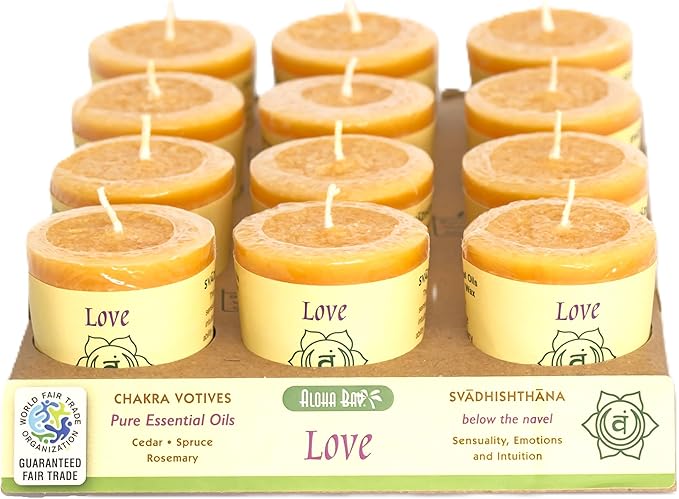 Premium Scented Hand Made Chakra Energy Candle | Votive 12-pack | Love, Svadhishtana| Yoga, Prayer & Meditation Candle | Long Burn |Essential Oils Cedar, Spruce, Rosemary | Aloha Bay