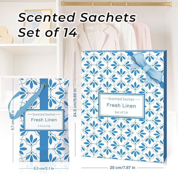 SCENTORINI Linen Scented Sachets for Drawers and Closets, 14 Packs, Long-Lasting Sachets Bags Wardrobe Freshener, for Drawers, Closets, Cars
