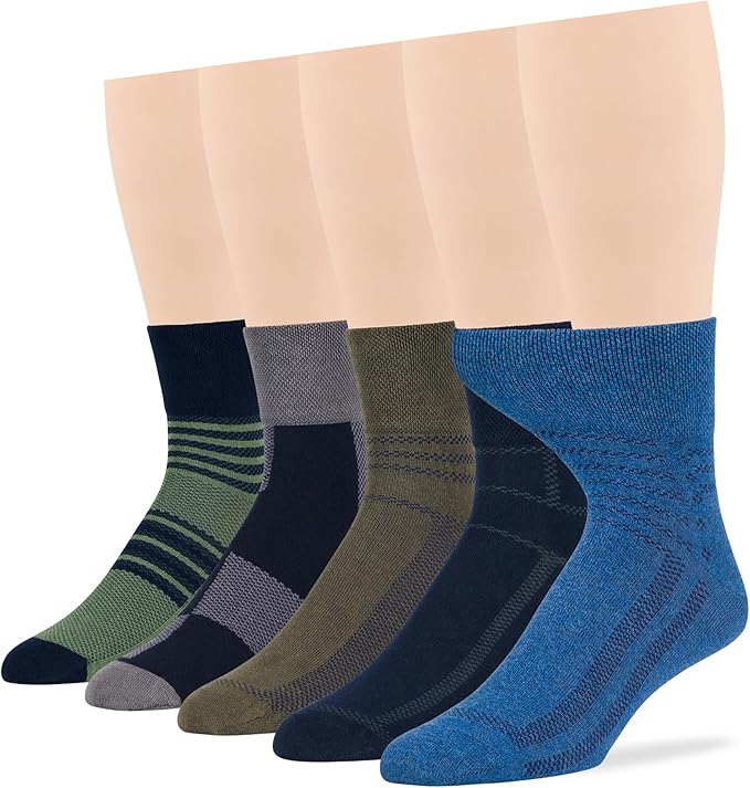 7BigStars Men's Diabetic Cotton Fashion Quarter Socks - 5 Pack Large - Square Stripe Pattern - Sock Size 10-13 Shoe Size 9-12 L Denim Blue, Olive Green, Dark Grey, Black
