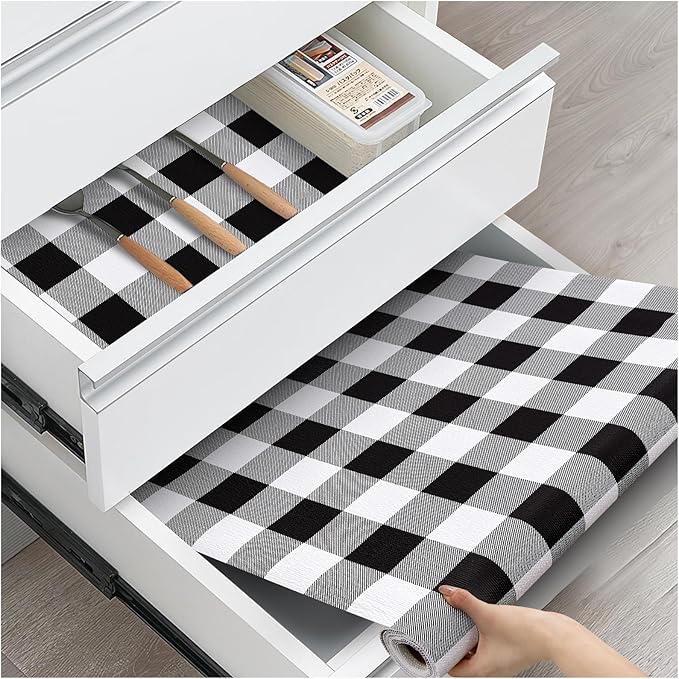 Drawer and Shelf Liner, Non-Slip Kitchen Cabinet Liners Non-Adhesive Thick Strong Grip Waterproof Washable Mats Protect Dresser Shelves Cupboard Bathroom Cabinets, Buffalo Plaid, 18 in X 30 FT