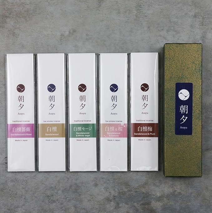 Asayu Japan Incense Sticks Assortment - 5 Sandalwood Fragrance Blends, 20g, 100% Made in Japan Incense Sampler Variety Pack - for Yoga, Zen Meditation & Relaxation
