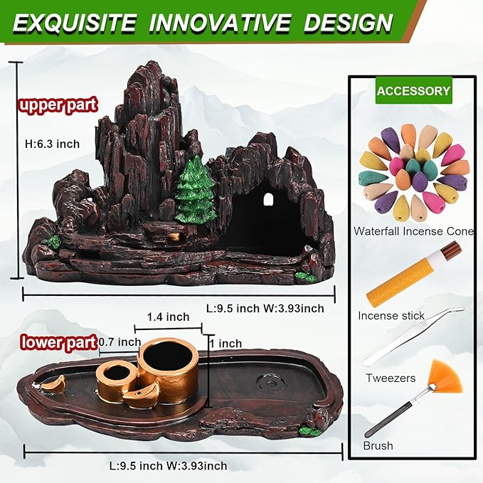 Mountain Waterfall Incense Burner，Backfall Incense Holder River, Incense Falls Meditation Decor for Room with Upgrade Incense Cones and Accessories (5in1 Palo Santo)