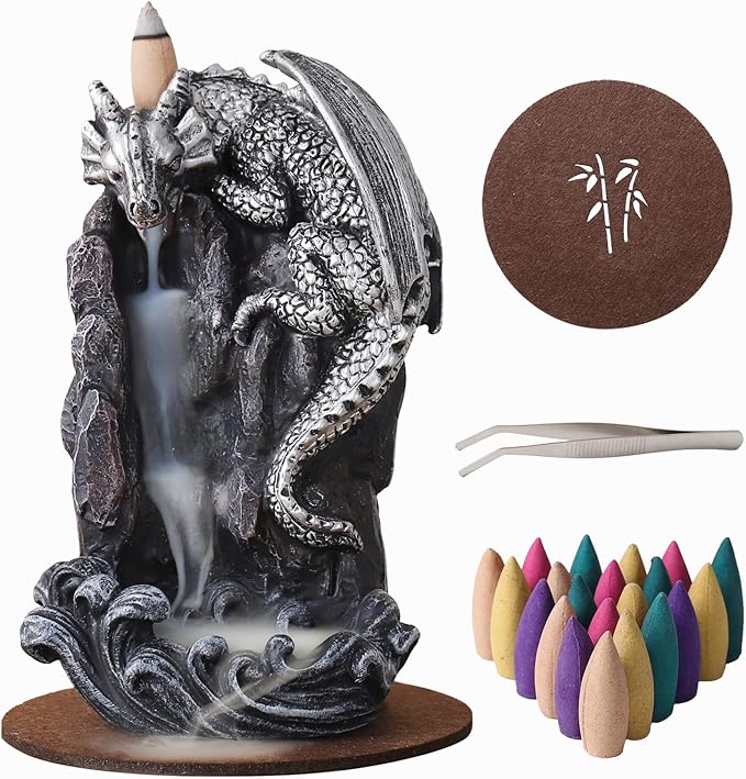 Dragon Backflow Incense Holder Waterfall Incense Burner, with 100 Backflow Incense Cones,1 Mat,1 Tweezers，Aromatherapy Ornamental for Home Office Yoga （Silver Dragon）