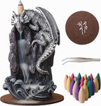 Dragon Backflow Incense Holder Waterfall Incense Burner, with 100 Backflow Incense Cones,1 Mat,1 Tweezers，Aromatherapy Ornamental for Home Office Yoga （Silver Dragon）