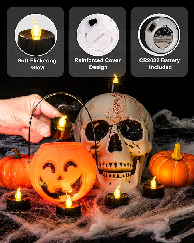 BEICHI Black Tea Lights, 24-Pack Battery Operated, Flameless Fake Candles Flickering, LED for Fall Holiday Decor, Theme Party, 1.4" D x 1.3"H - Warm White Light