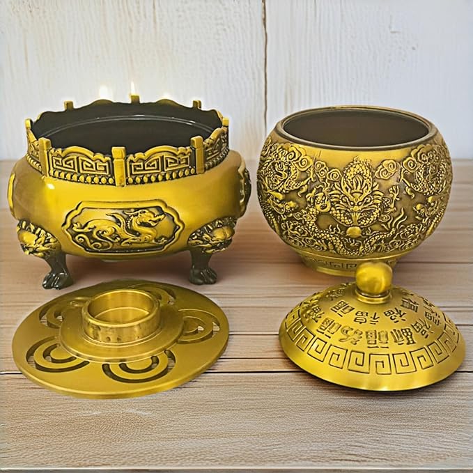 Spinning Chinese Brass Incense Burner with Lid - 1027g Solid Brass Dragon Lion Feng Shui Censer, 3.5 Inch Mouth for Sage and Cones, 4.7x4.7x6.3 Inch Natural Brass Altar Decor