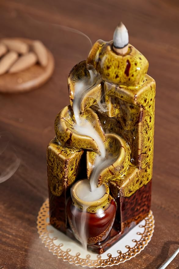 Unique Cascading Basins Ceramic Waterfall Incense Holder, Paired with a Pack of Backflow Incense Cones. (Fambe Yellow)