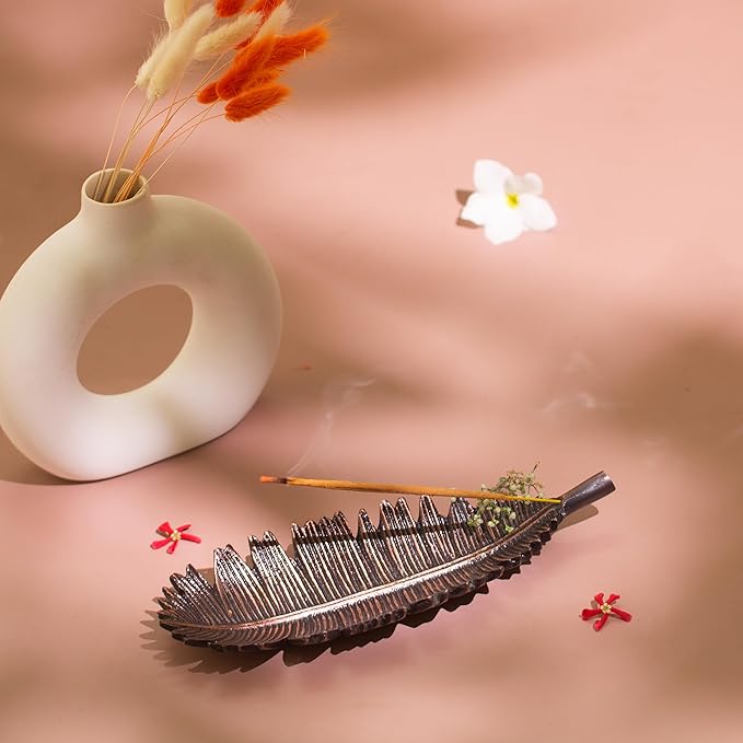 Raajsee Incense Holder Set With Nag Champa Sticks 15gm, Leaf Stick Burner, Brass Burner, Modern Holder for Yoga, Meditation, Home Decor - Size 10x4 Inches Copper