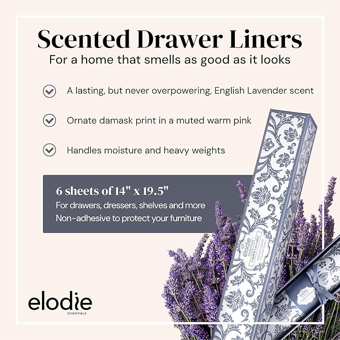 Drawer Liner Paper - 14" x 19.5", 6 Pack, Royal Damask, English Lavender - Non Adhesive Shelf Paper - Lavender Scented Drawer Liners for Bedroom Dresser - Scented Sheets