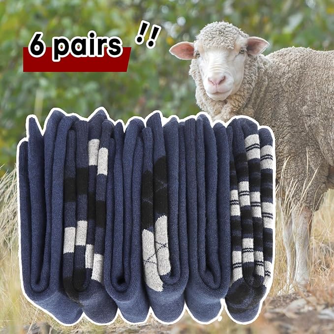 6 Pairs Merino Wool Socks for Men Thick Warm Thermal Winter Striped Dress Hiking Crew Men Socks Size 9-14