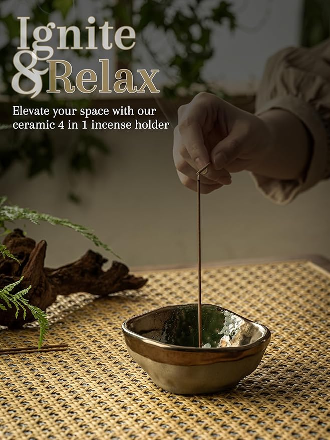 4.25 Inch Incense Holder, Ceramic 4 in 1 Incense Burner, Incense Holder for Sticks with 3 Incense Sockets, Modern Insence-Stick Holder for Bulk Incense, Palo Santo, Gold