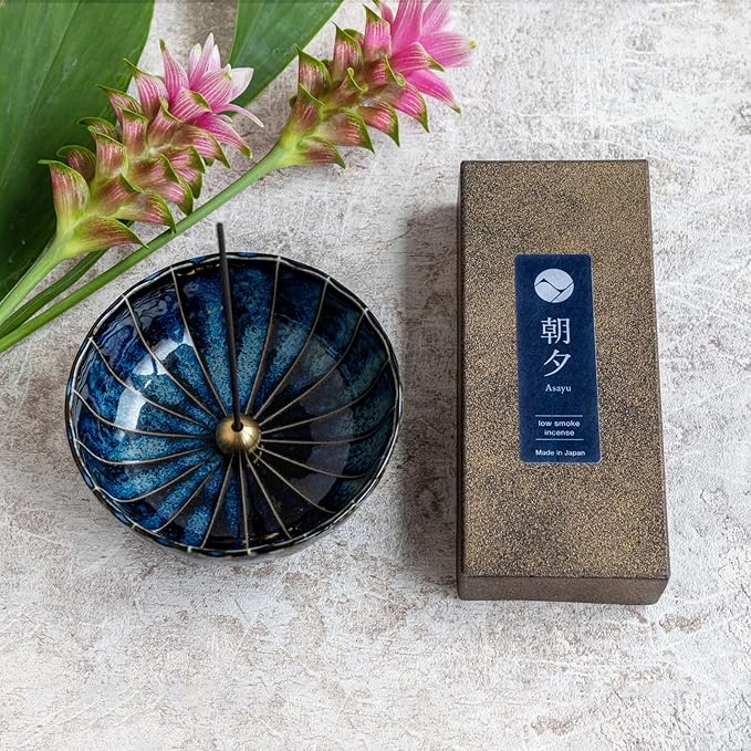 Asayu Japan Low Smoke Incense Gift Set with Incense Holder and Brass Stand, Premium Yoga Set (Lotus & Sandalwood) Incense Sticks with Navy Blue Lotus Holder