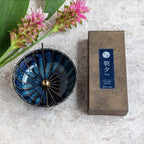 Asayu Japan Low Smoke Incense Gift Set with Incense Holder and Brass Stand, Premium Yoga Set (Lotus & Sandalwood) Incense Sticks with Navy Blue Lotus Holder