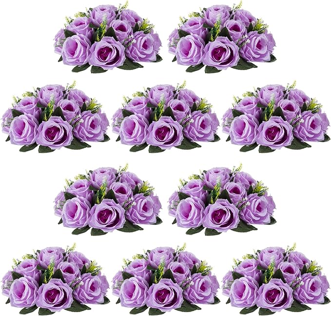 NUPTIO Artificial Flower Centrepieces for Tables - 10 Pcs Lilac Fake Flowers Roses Balls 9.5in Diameter - Silk Faux Rose Arrangement for Wedding Party Centerpiece Table Decor