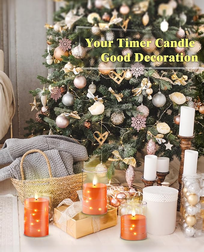 Flashing Flameless Candles with String Light, Battery Powered Candle, Recessed String LED Candle, Indestructible Plexiglass Candles with Remote Control, Set of 3, Orange
