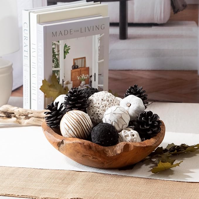 Natural Tones Vase & Bowl Mini Pumpkins Pinecone Fillers Decorative Balls | Home Decor (Black & White)