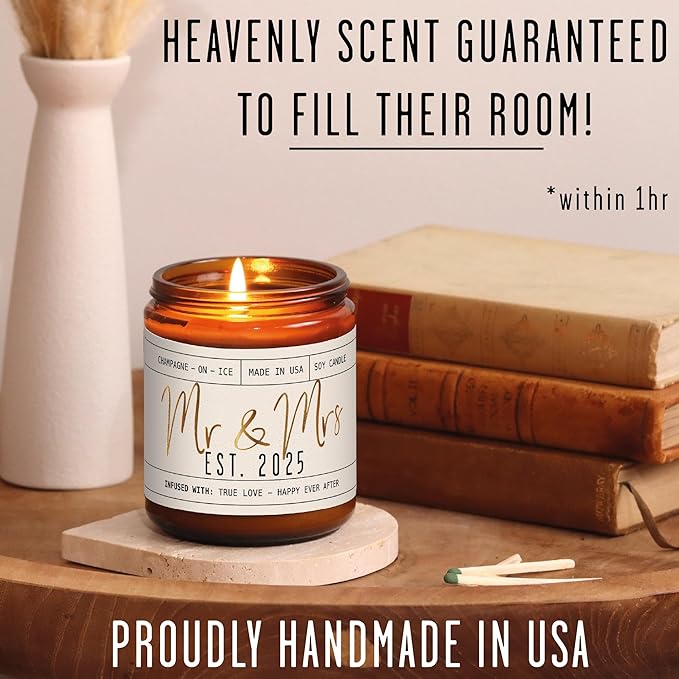 Wedding Gifts for Couples 2025, Bridal Shower Gifts from Bride - 'Mr & Mrs Est. 2025 Candle, w/Champagne on Ice I Wedding Shower for Newlyweds I 50Hr Burn, USA Made