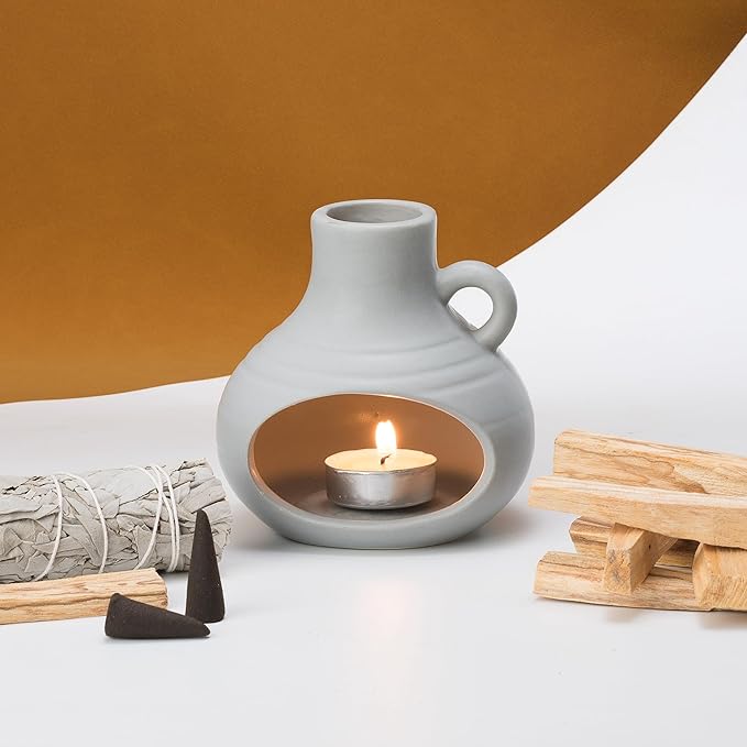 3 in 1 Holder Burner, Modern Chiminea Incense Burner for Palo Santo Sticks Cones Sage Bundles, Ceramic Smudge Bowl, Meditation Yoga Home Decor (Morandi Blue)