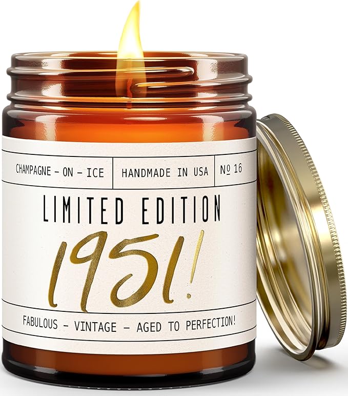 74th Birthday Gifts for Women - 'Limited Edition 1951' Soy Candle, w/Champagne on Ice I 74 Birthday Gifts for Women I 74th Birthday Gift for Her Ideas I 9oz Reusable Jar, 50Hr Burn, Made in USA
