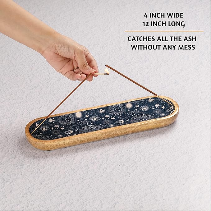 Folkulture Incense Holder for Sticks or Incense Burner Holder, Modern Insence-Stick Holder or Ash Catcher for Home Décor, Wooden Inscents-Holders, Mango Wood Trough, Cosmic