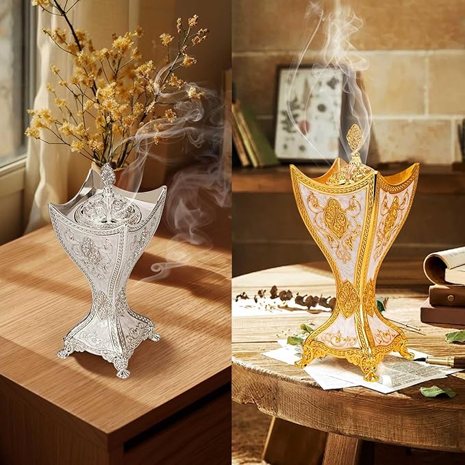 Bakhoor Incense Burner, 11Inches Charcoal Incense Burner - for Yoga, Spa Aromatherapy, Office & Home Decor, Trophy Shape (Silver)