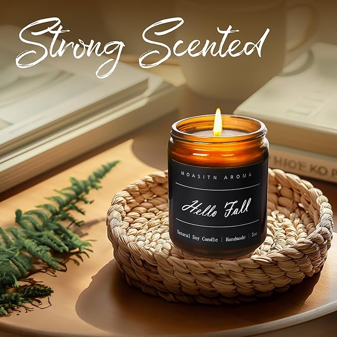 MOASITN Hello Fall Scented Candles for Home| Natural Soy Fall Candle| Handmade Long Lasting Aromatherapy Candle| Jar Candel Gift for Women,Men| as Halloween,Birthday,Relaxing Gifts| 7oz