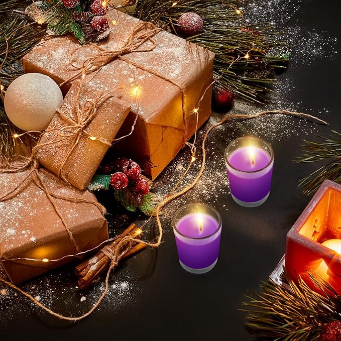 Set of 4 Purple Votive Candles, Clear Glass Filled Soy Wax Lavender Scented Candles for Home Spa Stress Relax and DIY