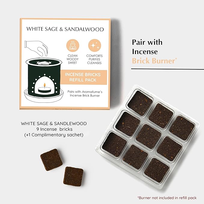 White Sage and Sandalwood Incense Bricks by Aromafume | 3x9 Bricks | Sage Incense for Cleansing Negative Energy & Protection | Sage for Smokeless Smudging & Spiritual Cleansing | Refill Pack