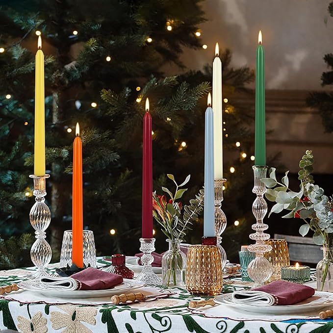 24 Colored Taper Candles, 7-8 Hours Burn Time, Unscented, Smokeless and Dripless, 0.75 x 10 Inch Dinner Candle Set for Household, Wedding, Party and Home Décor Candlesticks