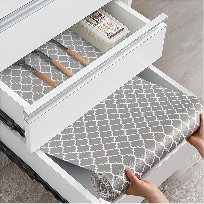 Drawer and Shelf Liner, Non-Slip Kitchen Cabinet Liners Non-Adhesive Thick Strong Grip Waterproof Washable Mats Protect Dresser Shelves Cupboard Bathroom Cabinets, Gray, 12 in X 10 FT