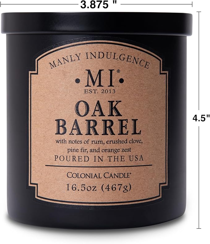 Manly Indulgence Oak Barrel Scented Candles for Men, 16.5 oz Single Wick, Premium Soy Blend Wax, 60H Burn, Candles for Home Scented – Made in The USA