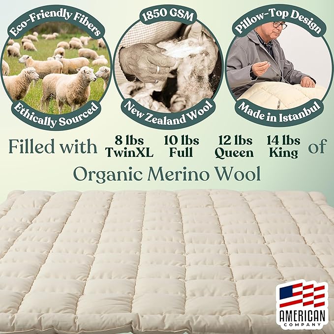 Organic Merino Wool Mattress Topper - Luxury Pillow Top Mattress Pad, Handmade, Non-Toxic, Cooling & Hypoallergenic, Natural Back Pain Relief, Sustainable Bedding (Queen)