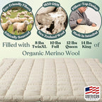Organic Merino Wool Mattress Topper - Luxury Pillow Top Mattress Pad, Handmade, Non-Toxic, Cooling & Hypoallergenic, Natural Back Pain Relief, Sustainable Bedding (King)