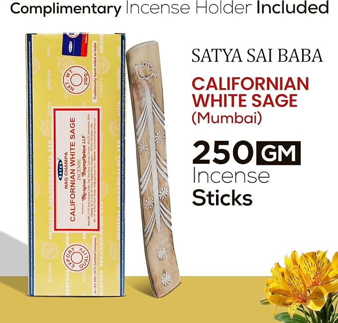 Satya Californian White Sage Incense Sticks 250 gm Pack, Sai Baba Insenses with Raajsee Insence Holder Bundle, Nag Champa Natural Incense