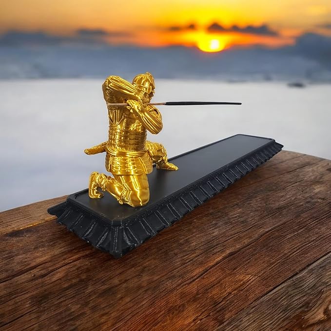 Samurai Incense Holder, Incense Burner with Storage Box, Ash Catcher, Warrior Incense Burner for Aromatherapy, Meditation, Yoga (Gold Samurai & Black Box)
