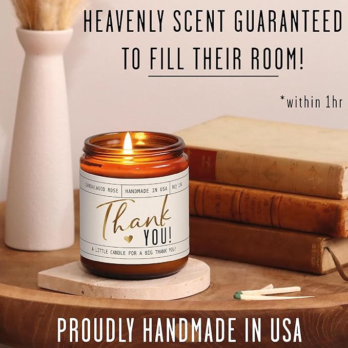 Thank You Gifts for Women - 'Thank You' Candle, w/Sandalwood Rose I Appreciation Gifts for Women I Thank You Gift for Friends, Couples, Coworkers, Boss, Teacher, Staff, Employee I 50Hr Burn, USA Made