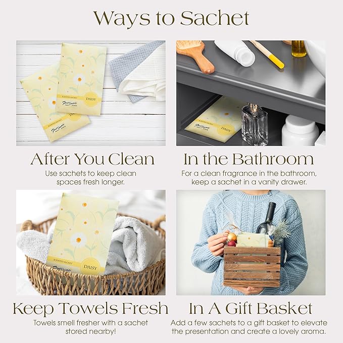 Daisy Scented Sachets Pack of 3, Spring and Summer - Long-Lasting Scented Bags, Home Fragrance, Air Freshener & Deodorizer for Closet, Room, Drawer, or Cars, Made in USA