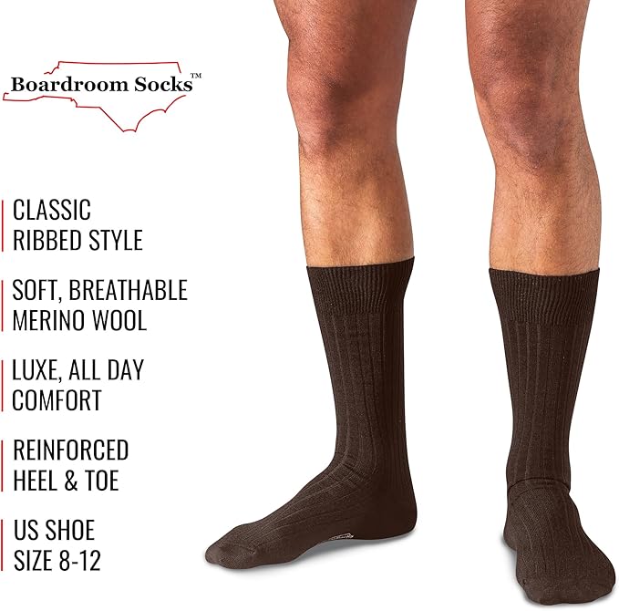 Merino Wool Mid-Calf Dress Socks for Men, Ribbed Dress Socks