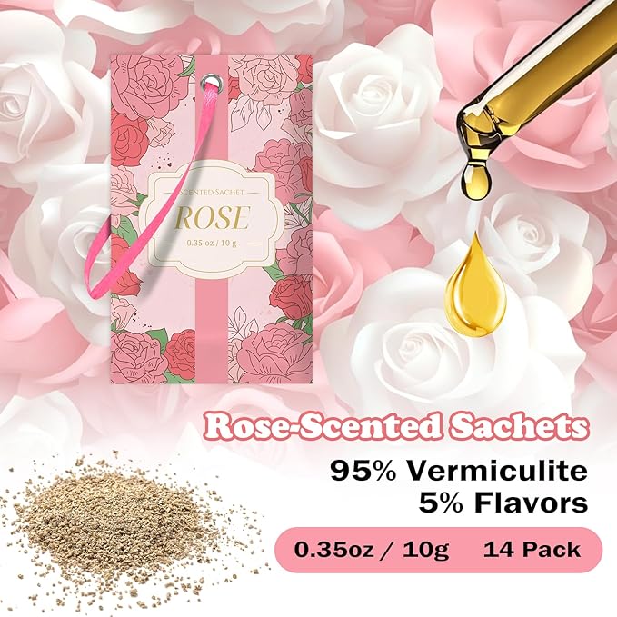 SCENTORINI Scented Sachets for Drawers and Closets, Rose Scent 14 Pack, Long-Lasting Sachets Bags Wardrobe Freshener, for Drawers, Closets, Cars