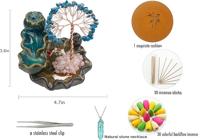 Waterfall Burner, Crystal Tree Backflow Incense Holder, with 30 Incense Cones, 30 Incense Stick, 1 Healing Crystal Necklace, Aromatherapy Anxiety Relief Items, Mom Gifts for Christmas