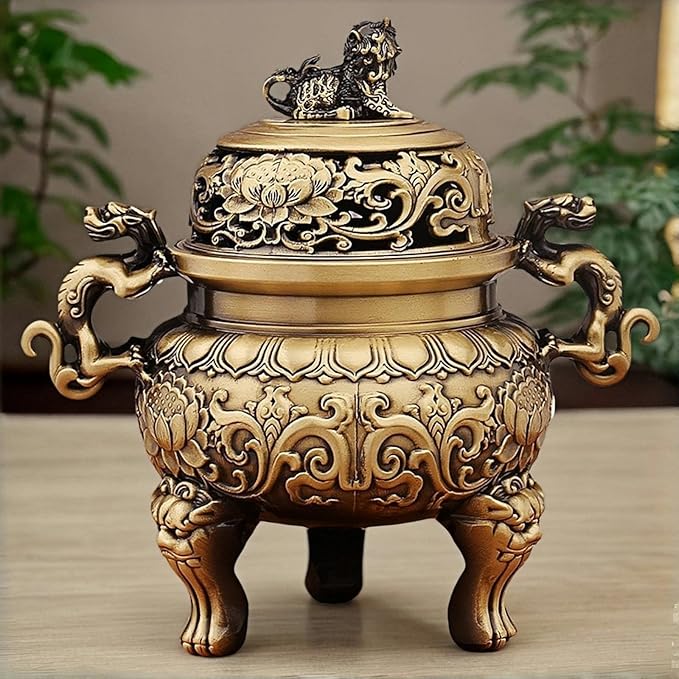 Chinese Solid Brass Incense Burner with Lion Lid - Handmade 670g Feng Shui Censer, 5.5 Inch Wide Mouth Brass Incense Burner for Zen Meditation Altar Decor, Gift Idea