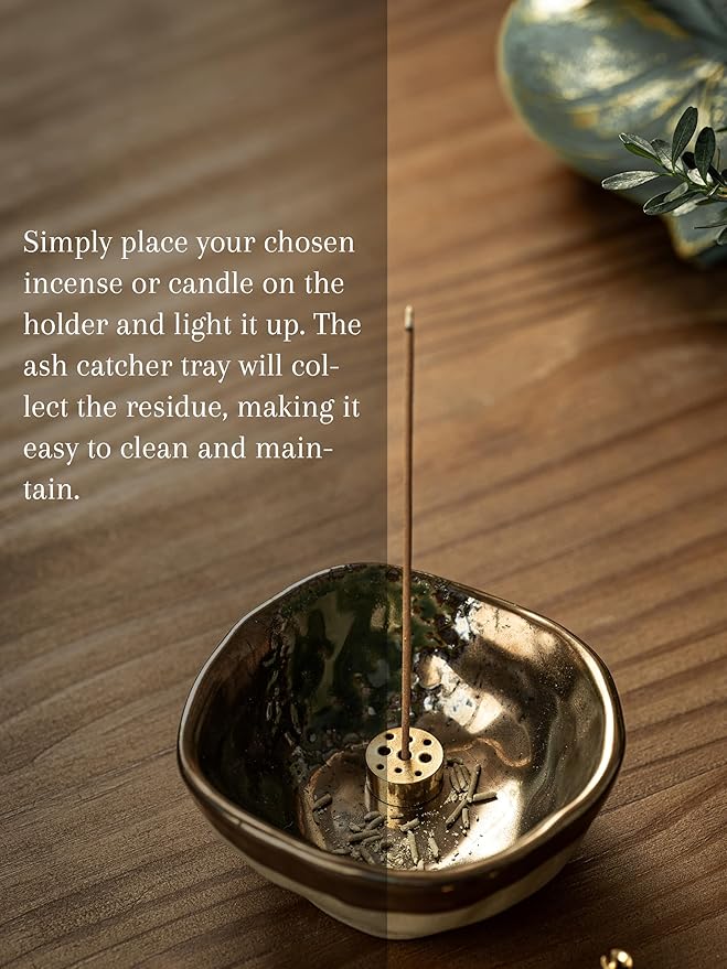 4.25 Inch Incense Holder, Ceramic 4 in 1 Incense Burner, Incense Holder for Sticks with 3 Incense Sockets, Modern Insence-Stick Holder for Bulk Incense, Palo Santo, Gold