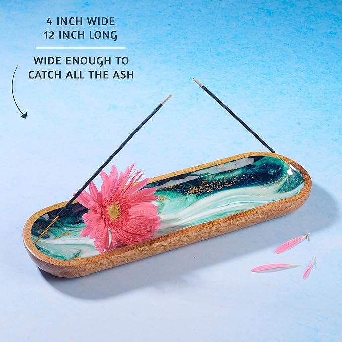Folkulture Incense Holder or Incense Burner, Modern Incense Holder for Sticks, Ash Catcher or Insence-Stick Holder for Home Décor, 12 Inch Long for Home Decor, Mango Wood, Green Agate
