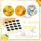 ACITHGL 36 Pcs 4oz Mini Mason Jar Candles Small Scented Candles Bulk Aromatherapy Ideal Souvenir Favors for Wedding Birthday Party (Lemon, Citrus, Coconut Milk, Black)