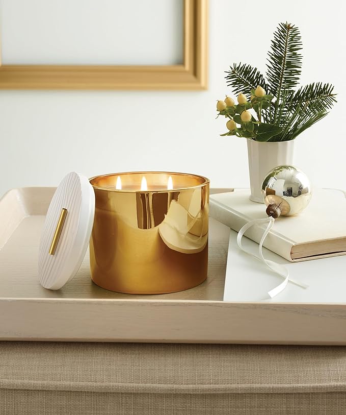 Thymes Frasier Fir Gilded Gold 3-Wick Candle - Scented Candle with a Crisp Just-Cut Forest Fragrance - Luxury Home Fragrance - Elegant Holiday Candle - Gold Jar Candle (17 oz)