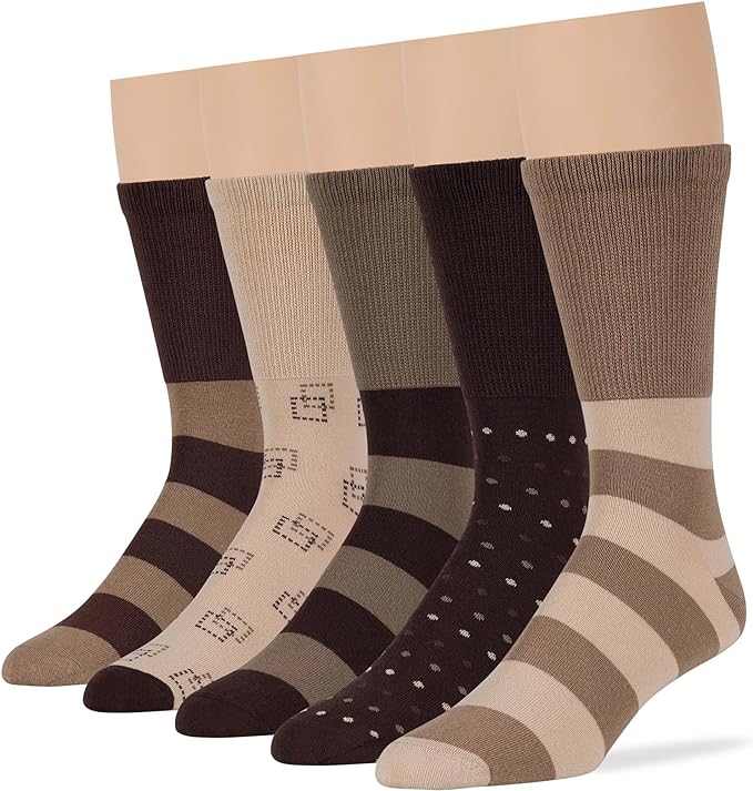Men's Diabetic Cotton Fashion Loose Crew Dress Socks - 5 Pack Large - Stripe Pattern - Sock Size 10-13 Shoe Size 9-12 L Light Beige, Beige, Khaki, Brown, Dark Brown