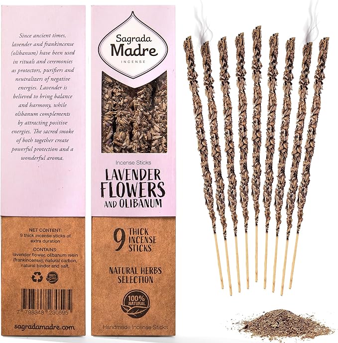 9 pcs Wildly Harvested - Lavender Flowers and Olibanum Incense Sticks, 7" Long - Thick Aromatic Incense Sticks, 100% Natural