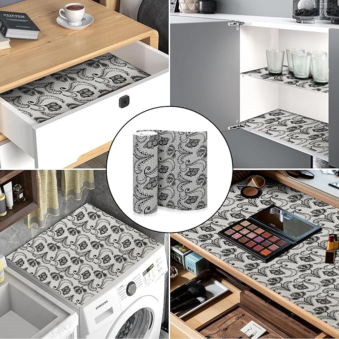 Drawer and Shelf Liner, Non-Slip Kitchen Cabinet Liners Non-Adhesive Thick Strong Grip Waterproof Washable Mats Protect Dresser Shelves Cupboard Bathroom Cabinets, Boho: Floral, 12 in X 10 FT