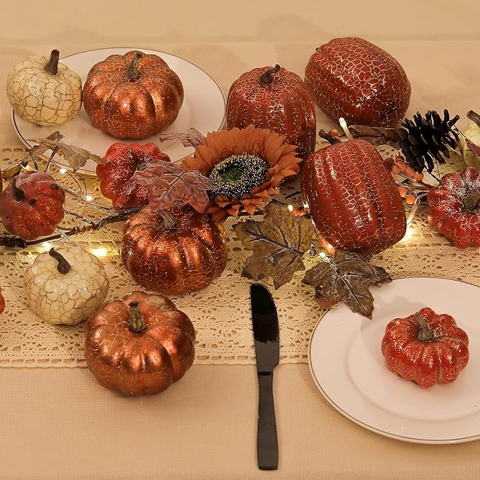 Artgar Pumpkin Decor, 8 PCS Halloween Pumpkin, Metal Cracked Design Foam Pumpkins for Halloween Thanksgiving Fall Home Table Indoor Outdoor Decorations